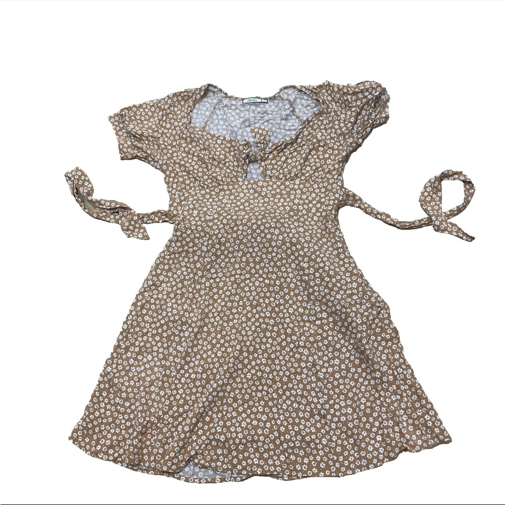 2bella Dress Women's L Brown Floral Babydoll Mini Puff Sleeve Boho Mustard L